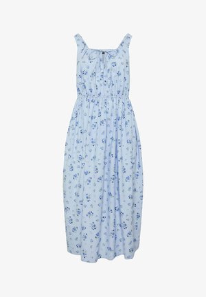 Lichtblauwe mouwloze midijurk met een kleine blauwe bloemenprint, een getailleerde taille en een strikdetail aan de voorkant bij de halslijn.