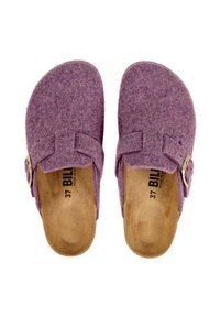 Sabots en feutre violet avec deux sangles réglables, dotés d'une boucle en métal argenté. L'intérieur est doux, avec une semelle en fibre naturelle. Taille indiquée : 37.