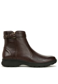 Bottines en cuir brown à finition lisse, avec un détail de boucle autour de la cheville et une semelle en caoutchouc noir texturé.