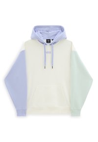Felpa con cappuccio caratterizzata da una combinazione di sezioni crema, blu chiaro e verde menta. Realizzata in un tessuto morbido, con tasca frontale e cordoncino.