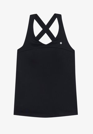 Schwarzes Sporttanktop aus leichtem, dehnbarem Material. Mit einem gekreuzten Rückendesign und einem kleinen Logo auf der oberen linken Seite.