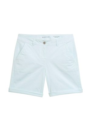 Lyseblå chino-shorts med omslagssøm, der har to sidelommer og en frontknaplukning. Fremstillet af åndbart materiale.