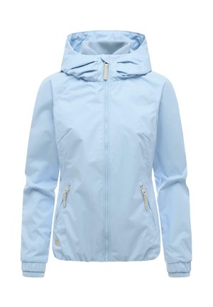 Lyseblå hættejakke med frontlynlås, to lynlåslommer i siderne og elastiske manchetter, vist på hvid baggrund.