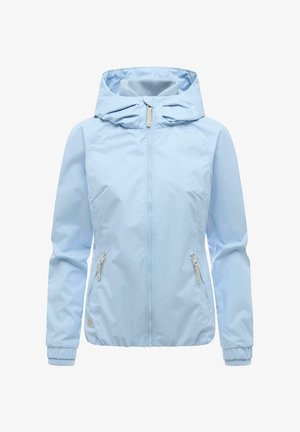 Lichtblauw gewatteerd jack met capuchon, voorzien van een ritssluiting aan de voorkant, twee zijzakken met rits en elastische manchetten, afgebeeld op een witte achtergrond.