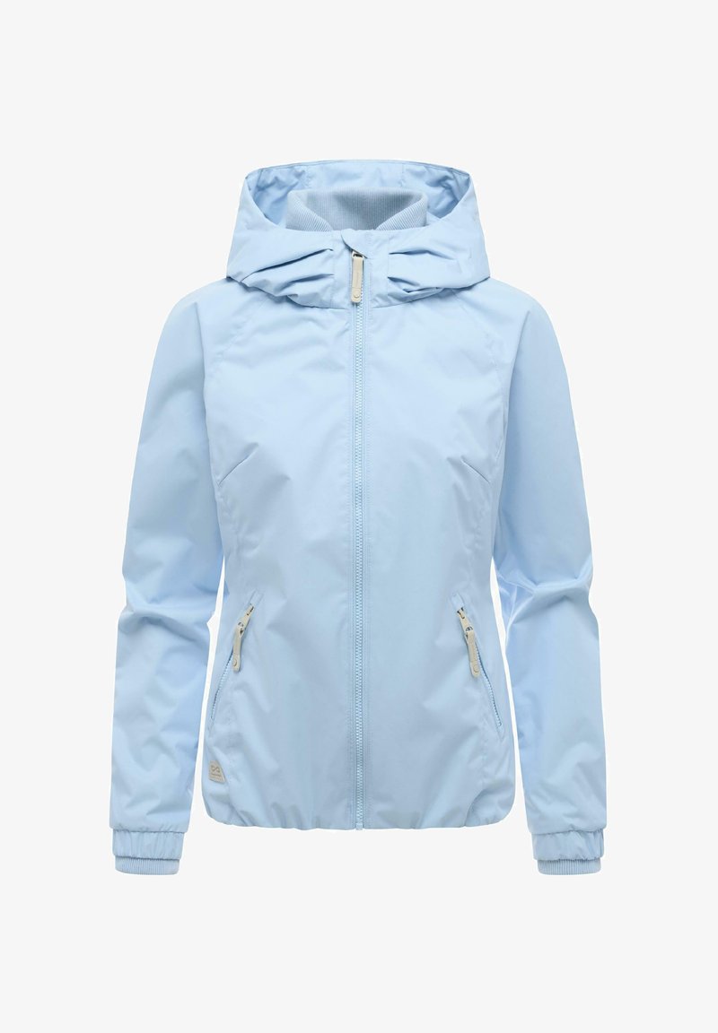 Lyseblå hettejakke med glidelås foran, to glidelåslommer på sidene og elastiske mansjetter, vist på hvit bakgrunn.