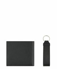 Black textured wallet with a rectangular shape, accompanied by a matching keyring strap featuring a circular metal attachment.