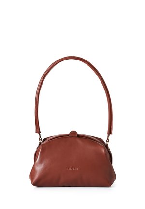 Brown leather handbag with a rounded shape, a single handle, and a subtle textured finish, featuring a clasp closure.