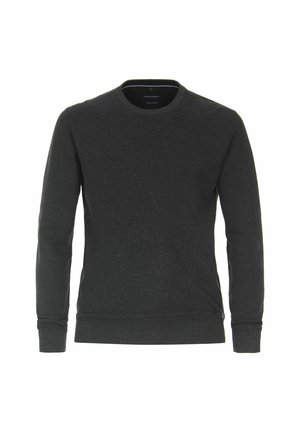 Dark gray crewneck sweatshirt made from soft fabric. Features long sleeves, ribbed cuffs, and side pockets with subtle detailing at the hem.