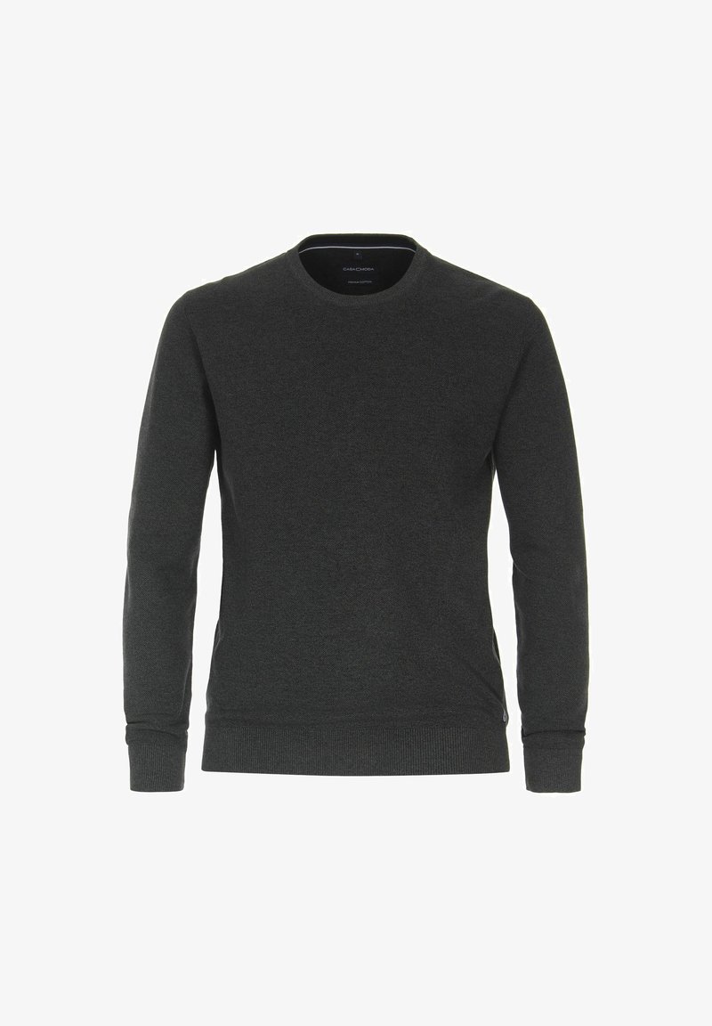 Dunkelgrauer Rundhalsausschnitt-Pullover aus weichem Material. Verfügt über lange Ärmel, gerippte Bündchen und seitliche Taschen mit dezenten Details am Saum.