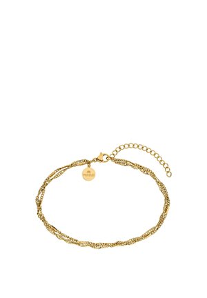 Goldfarbenes Doppelkettenarmband mit Karabinerverschluss und verstellbarem Verlängerer, mit kleinem rundem Markenanhänger.