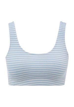 Hellblau-weiß gestreiftes, ärmelloses Croptop mit rundem Ausschnitt auf weißem Hintergrund.