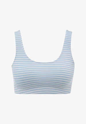 Lichtblauw-wit horizontaal gestreept mouwloos cropped topje met ronde halslijn op een witte achtergrond.