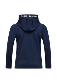 Felpa blu navy con una trama uniforme, caratterizzata da un cappuccio elegante, maniche a raglan e una stampa bianca del logo sulla parte superiore della schiena.