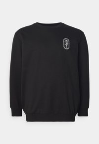 Sudadera negra de cuello redondo con mangas largas y un pequeño gráfico de rosa contorneada en blanco en el lado izquierdo del pecho.