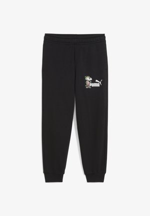 Pantalones de chándal negros con cintura elástica. Presentan un diseño de dibujos animados colorido y un logo en el muslo izquierdo. Puños en los tobillos.