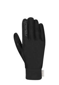Black gloves made of stretchy fabric, featuring a snug fit and a logo on the backhand. Smooth texture and minimalistic design.