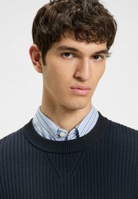 Mörk marinblå ribbad tröja med rund halsringning, bärs över en ljusblå randig skjorta med krage. Slät tygtextur, subtila sömnadsdetaljer.