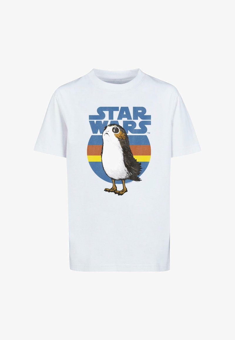 Weißes T-Shirt mit einer Cartoon-Vogel-Illustration und dem Text "STAR WARS" in Blau, vor einem kreisförmigen Hintergrund mit orange- und gelb gestreiften Mustern.
