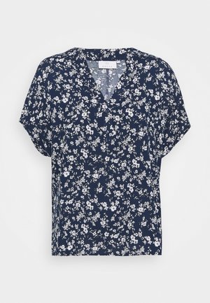 Marineblaues Kurzarm-Blusenshirt mit floralem Muster in Weiß. V-Ausschnitt-Design mit lockerer Passform und weichem Stofftextur.