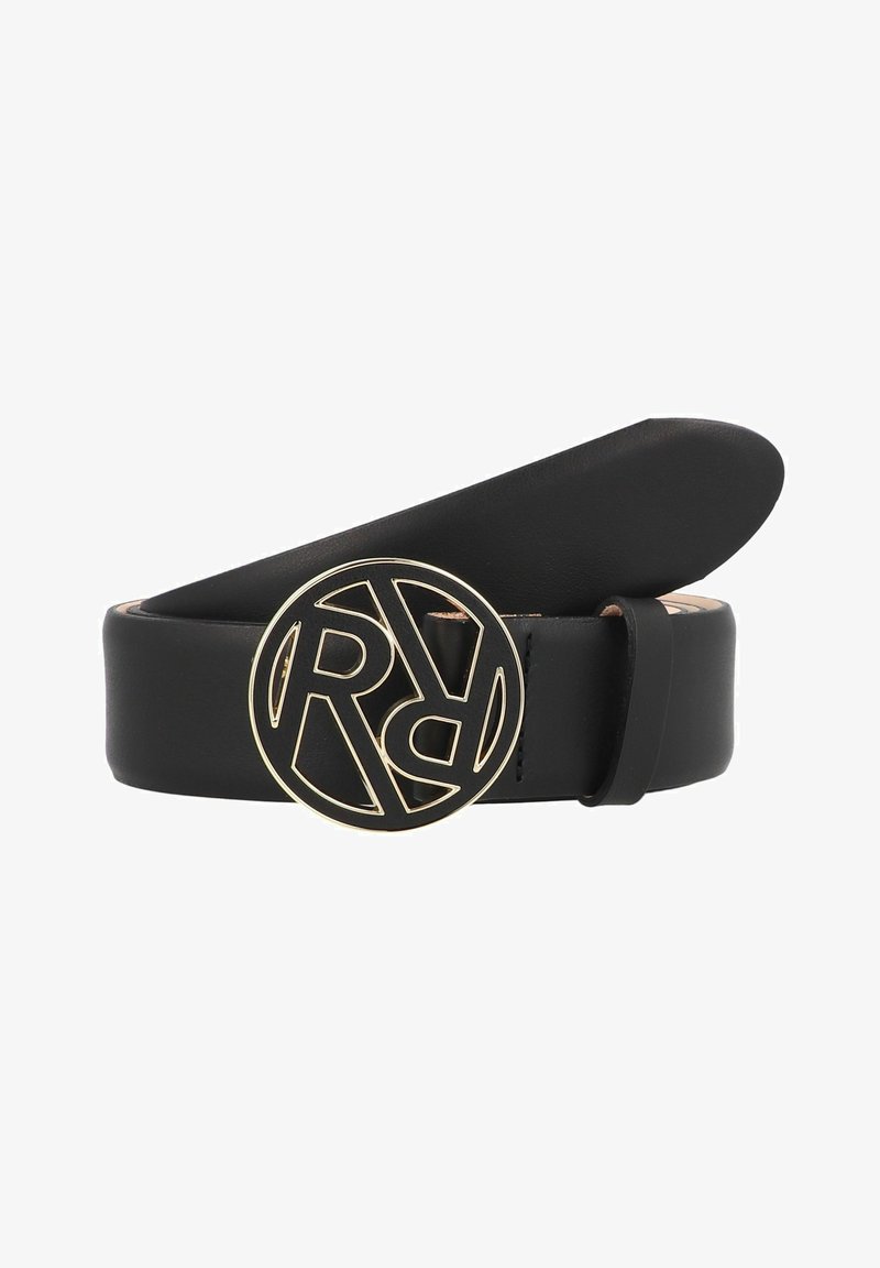 Zwarte leren riem met een ronde gouden gesp met een in elkaar grijpend letterontwerp. Gladde textuur en stevige constructie.