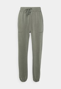 Pantaloni sportivi in misto cotone verde oliva, con vita elastica con coulisse, due tasche laterali e polsini alle caviglie.