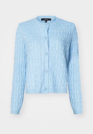 Light blue knitted cardigan featuring a cable pattern, round neckline, and front buttons with floral accents. Ribbed cuffs and hem.