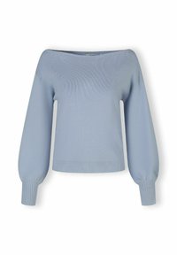 Jasnoniebieski sweter typu off-the-shoulder z prążkowanym wzorem, długimi bufkowymi rękawami i dopasowanym prążkowanym dołem. Wykonany z miękkiego, rozciągliwego materiału.