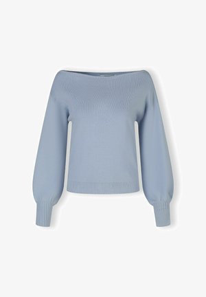 Helles blaues, schulterfreies Sweatshirt mit gerippter Textur, langen Puffärmeln und einem enganliegenden, gerippten Saum. Hergestellt aus einem weichen, dehnbaren Material.