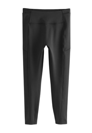 Sorte atletiske leggings i fuld længde med sidelommer og synlige sømdetaljer.