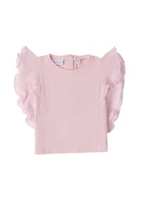 Top rosa chiaro a maniche corte con maniche trasparenti arricciate e scollatura rotonda. Presenta un piccolo logo abbellito con strass.