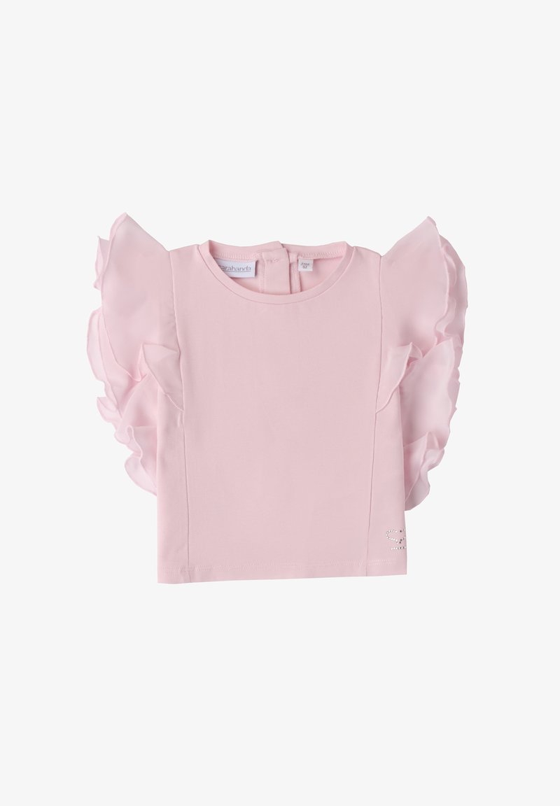Top rosa chiaro a maniche corte con maniche trasparenti arricciate e scollatura rotonda. Presenta un piccolo logo abbellito con strass.