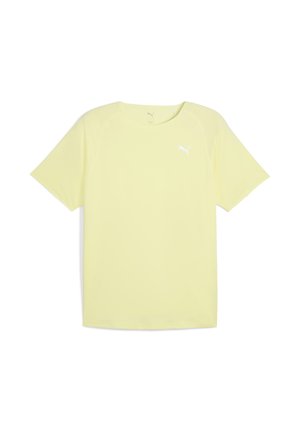 Lys gul kortærmet T-shirt med et hvidt Puma-logo på brystet. T-shirten har et enkelt, moderne design og en afslappet pasform.
