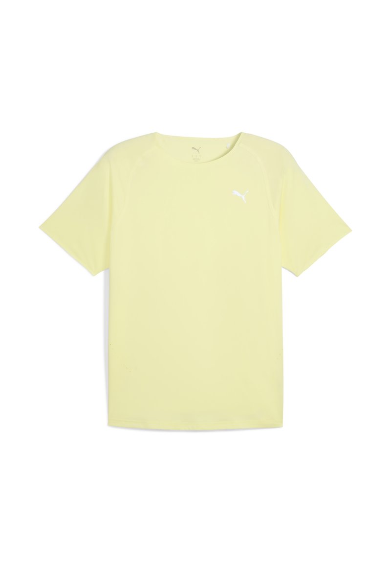 Lys gul kortærmet T-shirt med et hvidt Puma-logo på brystet. T-shirten har et enkelt, moderne design og en afslappet pasform.