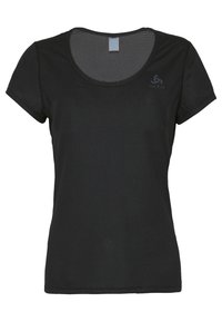 Black short-sleeve athletic T-shirt with a round neckline, mesh texture, and subtle branding on the chest. Breathable fabric design.