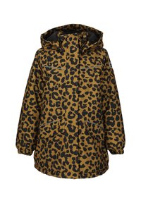 Leopardikuosisella parka-takilla, jossa on huppu, ruskea tausta, mustia läiskiä, kaksi etutaskua ja joustavat hihansuut turvallisen istuvuuden takaamiseksi.