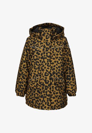 Leopardenmuster Parka mit Kapuze, featuring einem braunen Hintergrund, schwarzen Flecken, zwei Fronttaschen und elastischen Bündchen für einen sicheren Sitz.