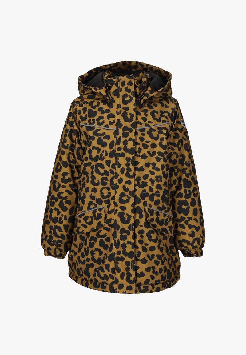 Parka en imprimé léopard avec capuche, présentant un fond marron, des taches noires, deux poches avant et des poignets élastiques pour un maintien sûr.