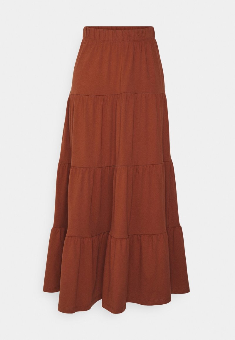 Longue jupe marron à volants avec taille élastique et parties de tissu froncées, présentée sur un fond clair uni.