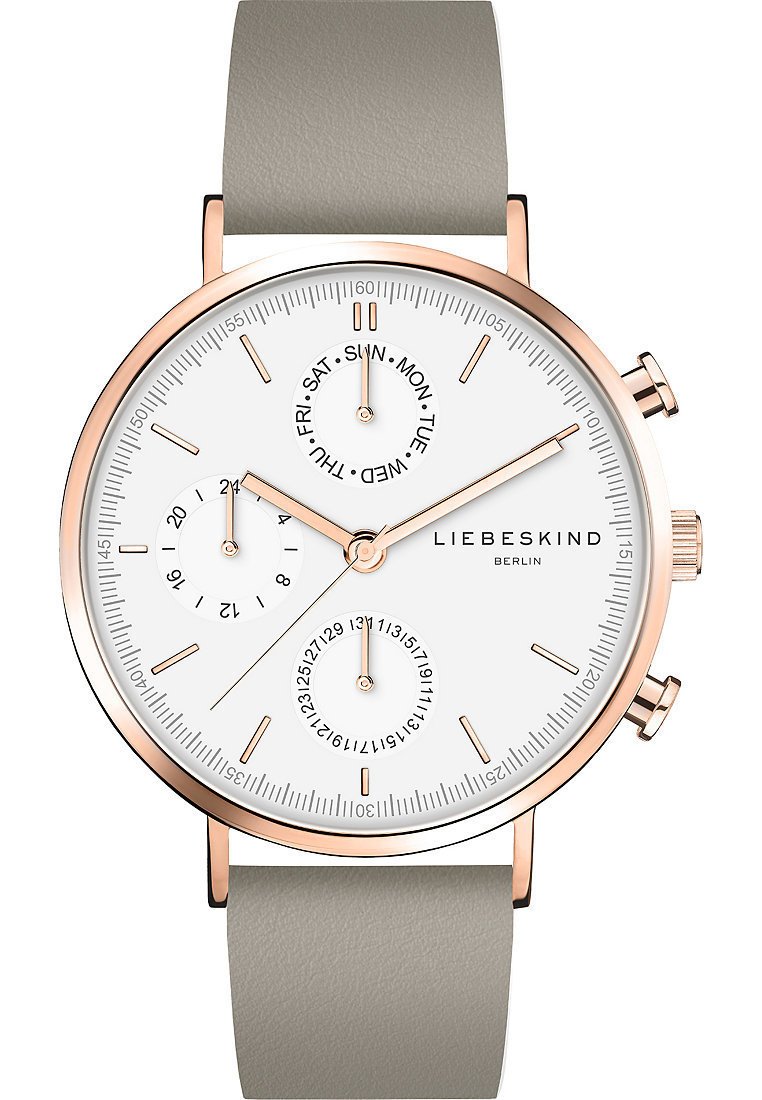 Rund vit urtavla med roséguld accenter, grå läderarmband, kronograf subdials och datumvisare.