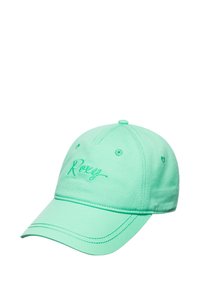 Mint green baseball cap made of cotton with a curved visor, featuring embroidered "Roxy" logo and stitched accents.