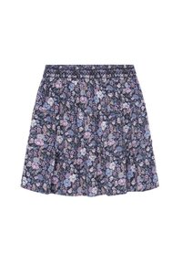 Sukňa s tmavým kvetinovým vzorom a elastickým pásom, s vrstvami volánov v odtieňoch fialovej, modrej a zelenej na čiernom pozadí.