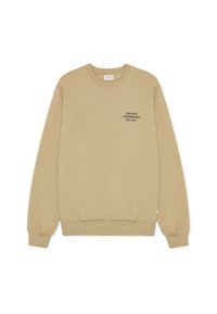 Sudadera de algodón beige con cuello redondo y puños de canalé. Presenta un texto impreso en negro que dice: "LES DEUX COPENHAGEN EST. 2011" en la parte frontal.