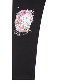 Leggings neri con una grafica di un unicorno colorato, con dettagli in rosa, giallo e blu, accompagnati da farfalle e stelle.