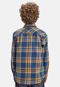Dieťa s kučeravými vlasmi, oblečené v modrej, žltej a sivej kárované košeli s dlhým rukávom, otočené chrbtom k jednobu prázdnej bielej pozadí.