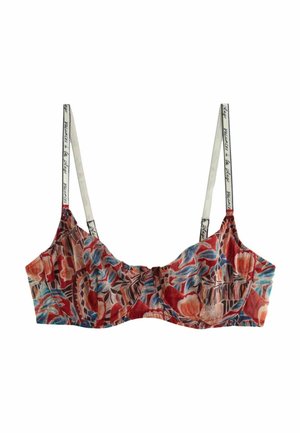 Bra with thin white adjustable straps and underwire, featuring a colorful floral and abstract pattern in red, blue, and beige tones.