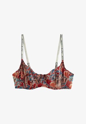 Bra with thin white adjustable straps and underwire, featuring a colorful floral and abstract pattern in red, blue, and beige tones.