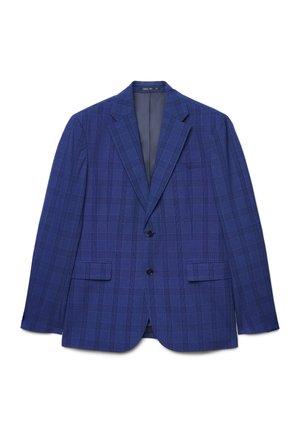 Blazer da uomo blu con un sottile motivo a scacchi, due bottoni neri, rever a incavo e tasche frontali con patta, disteso su sfondo bianco.