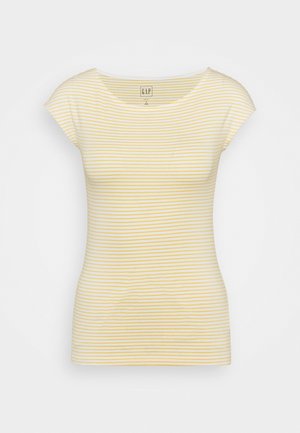 Yellow and white striped short-sleeve T-shirt, round neckline, made of soft material with a fitted shape and smooth texture.