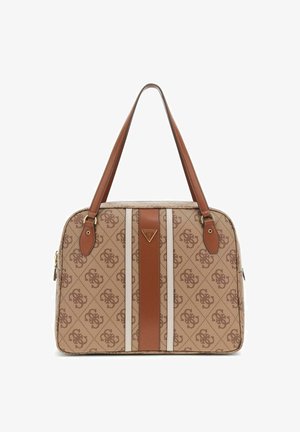 Sac à main en toile monogramme marron avec deux poignées en cuir marron, une bande centrale marron et des détails en métal doré.