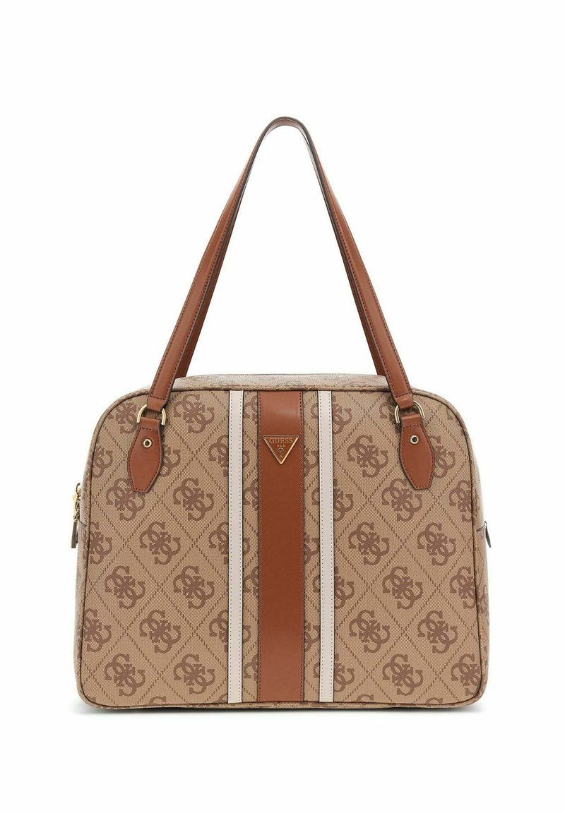 Sac à main en toile monogramme marron avec deux poignées en cuir marron, une bande centrale marron et des détails en métal doré.